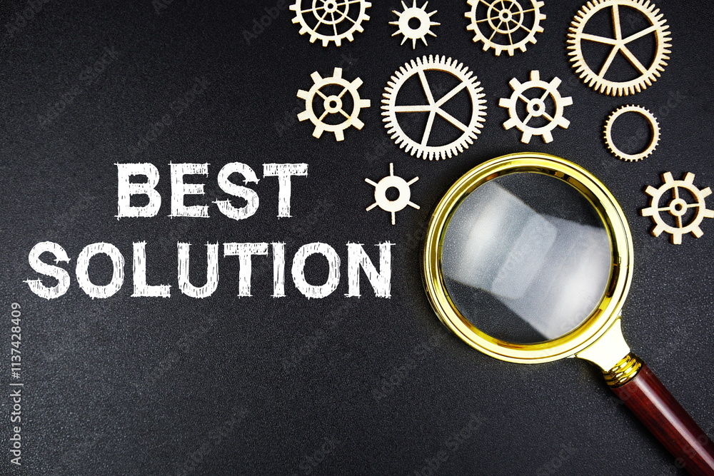 Poster best solution text message with magnifying glass on black background