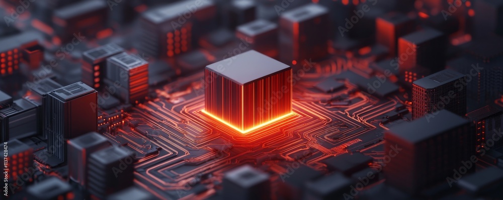Poster futuristic microchip glowing on a circuit board. supervise and firewall concept.