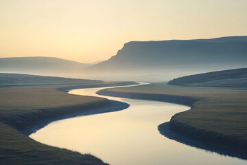 Fototapeta premium Serene winding river at sunrise near misty hills revealing nature's tranquility