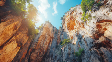 Steep canyon walls illuminated by sunlight and framed by lush greenery under a clear blue sky