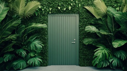 Green door surrounded by lush foliage and plants.
