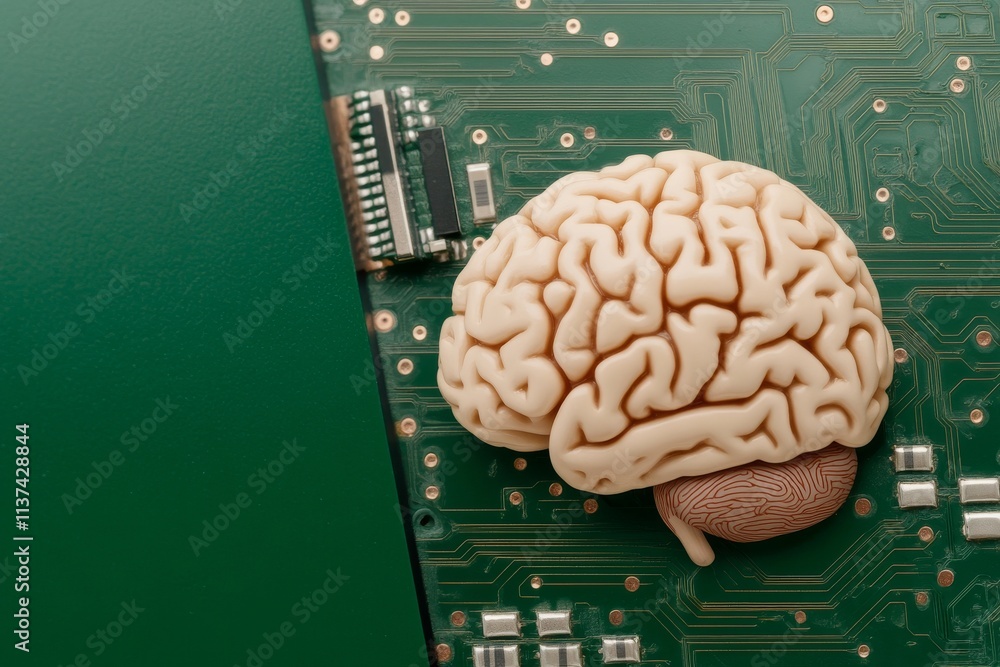 Poster brain on a circuit board merging biology and technology. permission and network concept.