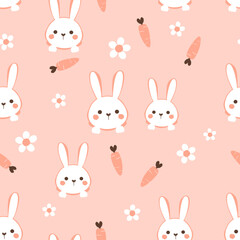 Seamless pattern with bunny rabbit cartoons, carrot and daisy flower on orange background vector. 