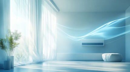 Bright room with sheer curtains, air conditioner, and cool air flow. Illustrates comfort, clean air, and home climate control.