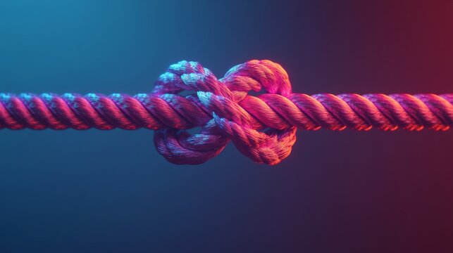 Rope knot illuminated with colorful lighting effects. Bound and Safeguard concept.
