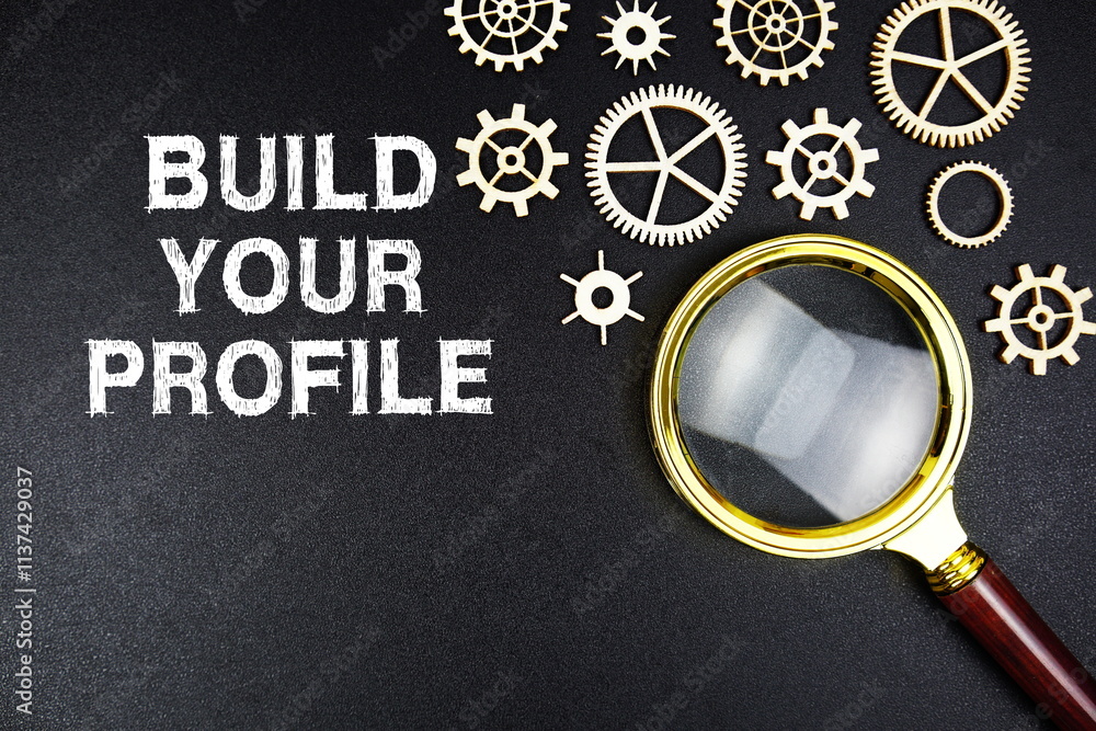 Poster build your profile text message with magnifying glass on black background