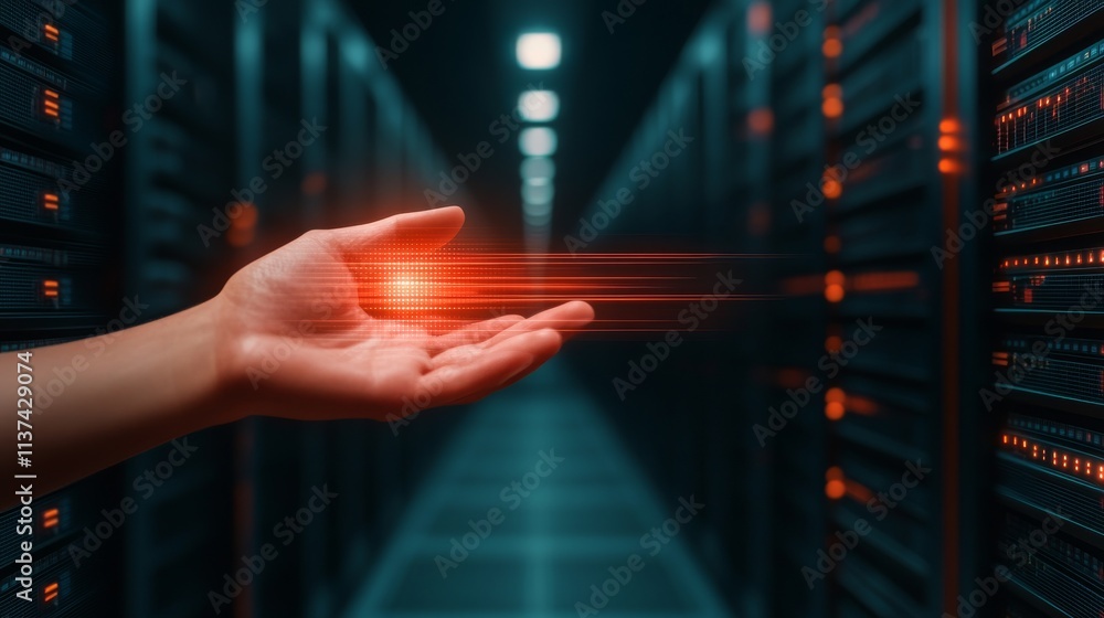 Poster hand holding glowing digital cube in server room. permission and network concept.