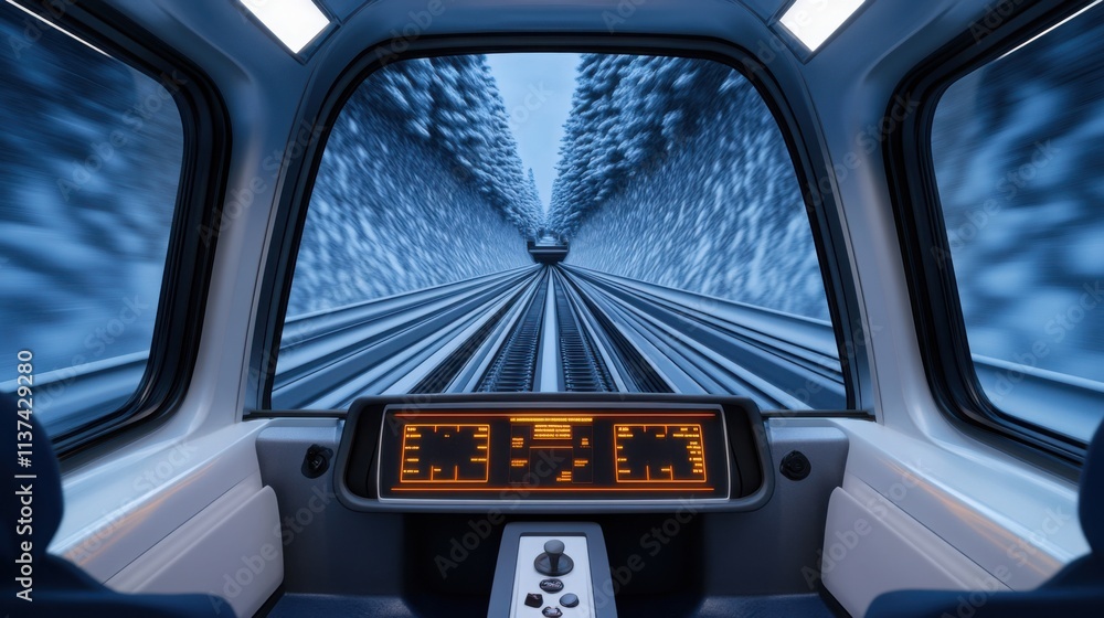 Poster a dynamic view from the driverâ€™s cabin of a metro train, showing tracks illuminated by tunnel ligh