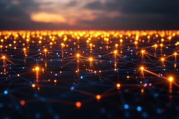 Glowing network grid at sunset.