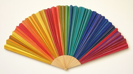 A colorful fan displaying a gradient of vibrant hues for decorative or functional use.