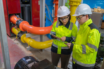 Maintenance technician at a heating plant,Petrochemical workers supervise the operation of gas and oil pipelines in the factory,Engineers put hearing protector At room with many pipes