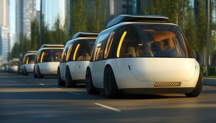 Futuristic autonomous vehicles lined up on a city street.