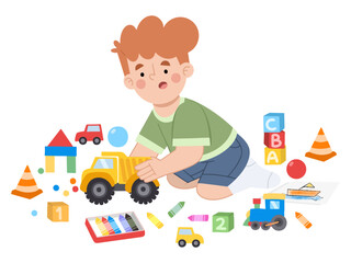 Illustration of a boy playing with his toys