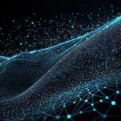 The image depicts a digital, abstract landscape of interconnected dots and lines, resembling a network or a topographical map, with a glowing blue light against a dark background.
