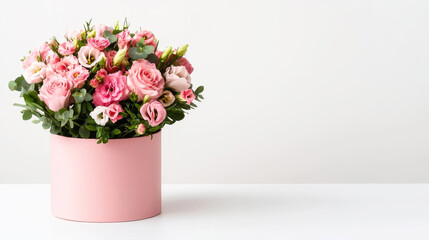 A beautiful arrangement of pink flowers in a pastel pink pot, perfect for decoration or gifting.