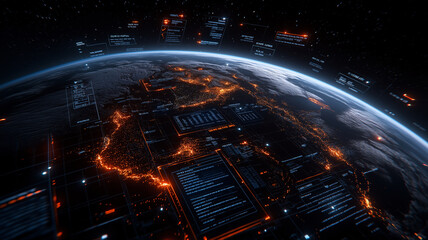 stunning digital representation of Earth showcasing glowing data overlays and network connections. image highlights interconnectedness of global information systems