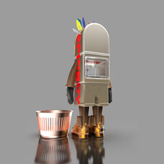 Cute robot mascot with tribal feathers and golden sneakers.