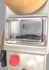 Cute robot mascot with tribal feathers and golden sneakers.