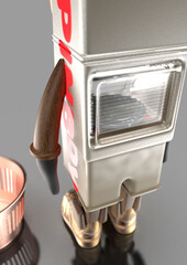 Cute robot mascot with tribal feathers and golden sneakers.