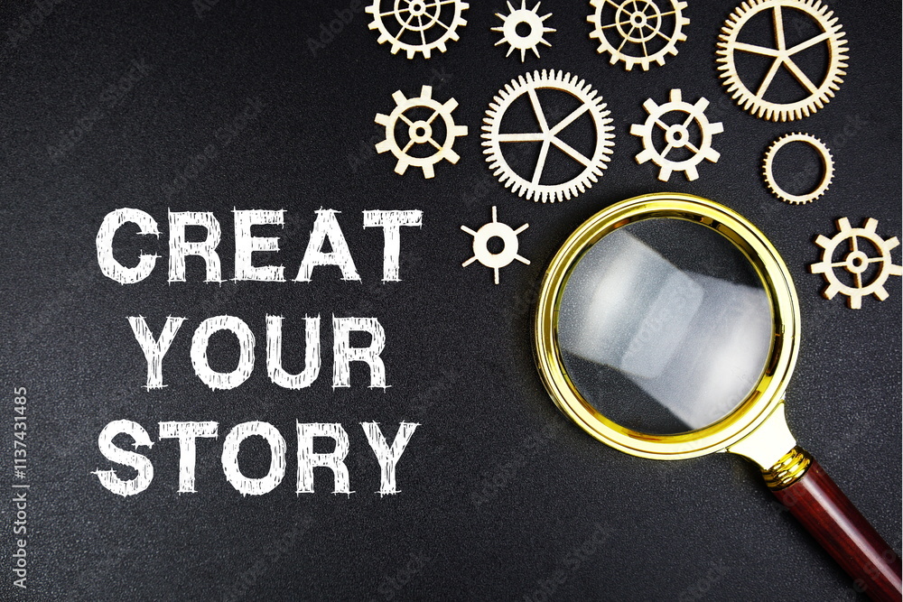 Poster create your story text message with magnifying glass on black background