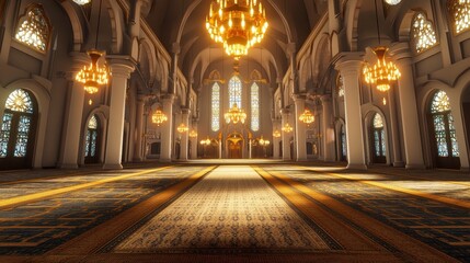 Obraz premium A grand, well-lit hall featuring ornate chandeliers and elegant architecture.