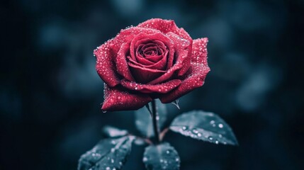 A single red rose covered in dew drops