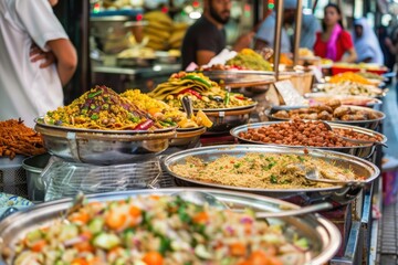 Naklejka premium A vibrant display of various dishes at a bustling food market.