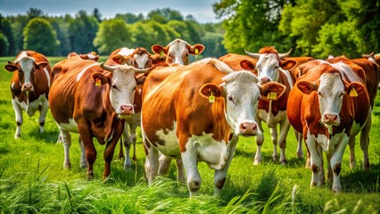 Obraz premium Brown and White Cows Grazing in Lush Green Pasture - Candid Farm Animal Photography