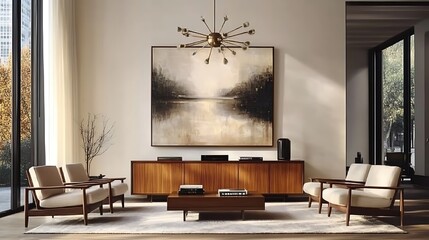 A retro-inspired living room showcasing a brass Sputnik chandelier, complemented by a walnut credenza, minimalist chairs with clean lines, and a cozy area rug, bathed in golden light, hd quality,