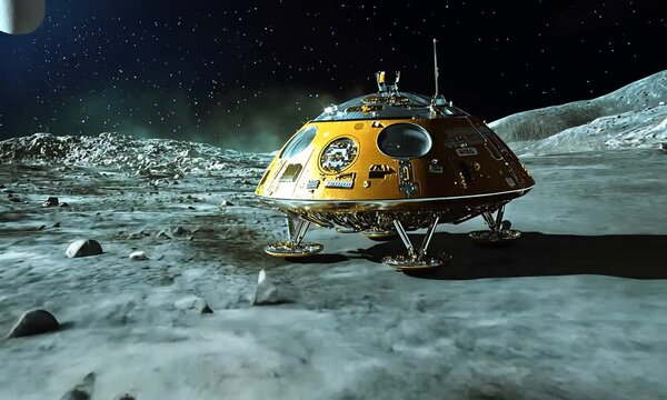 A lunar lander on the moon's surface under a starry sky.