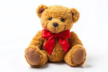 Obraz premium Brown Teddy Bear with Red Bow, Cute Stuffed Animal, Isolated White Background, Plush Toy Photography