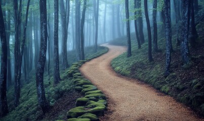 Obraz premium A winding path through a misty forest, inviting exploration and tranquility.