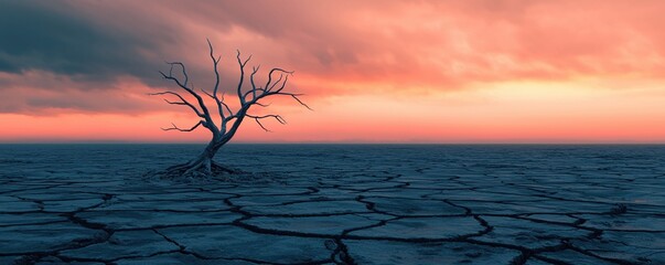 environmental disaster acid rain concept. A solitary, leafless tree stands on cracked earth beneath a colorful sky at sunset, evoking themes of desolation and resilience.