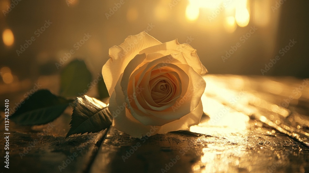 Wall mural Golden Hour Rose Resting On Wooden Surface