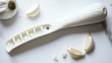 Fototapeta premium White garlic press on a marble countertop with garlic cloves and a whole bulb of garlic.