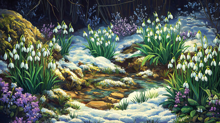 Obraz premium Snowdrops blooming through melting snow in a forest