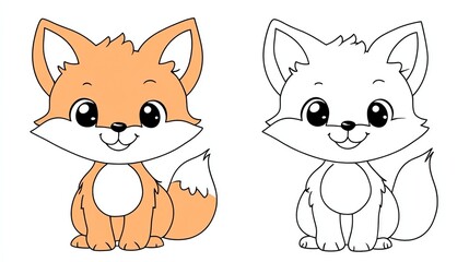 Fototapeta premium A cute cartoon fox, one is colored in orange and the other is in black and white for coloring.