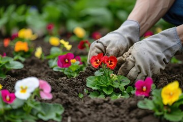 Fototapeta premium A person planting colorful pansies in a garden bed.