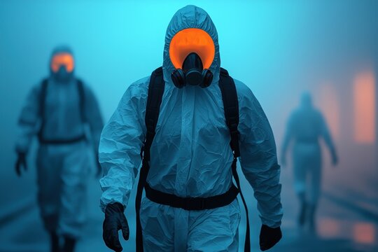 environmental disaster acid rain concept. A group of individuals in protective suits and masks moves through a foggy environment, highlighted by eerie orange glow from their helmets.
