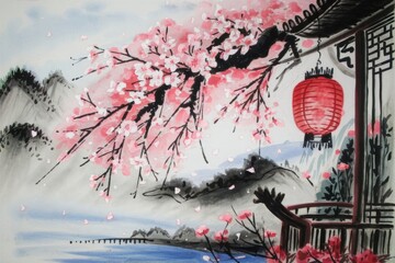 Serene Cherry Blossom Scene with Traditional Lantern and Mountain Background