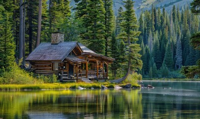 Obraz premium A serene log cabin by a tranquil lake surrounded by tall trees.