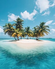 Fototapeta premium A serene tropical island with palm trees surrounded by clear blue water.
