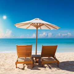 Fototapeta premium Summer Bliss: Relaxing Beach Scene with Wooden Loungers, Parasols, and Clear Blue Skies
