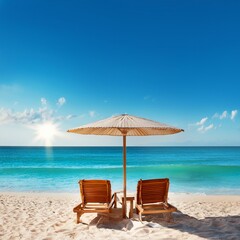 Fototapeta premium Summer Bliss: Relaxing Beach Scene with Wooden Loungers, Parasols, and Clear Blue Skies