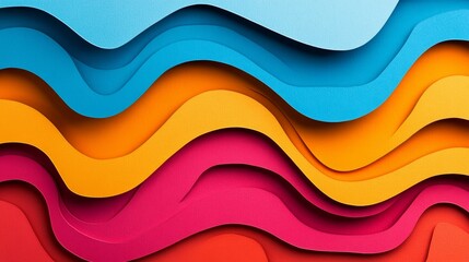 A vibrant, layered paper design featuring wavy patterns in bright colors.