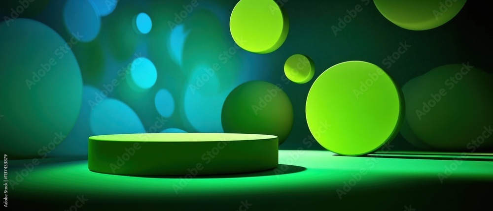 Poster green abstract 3d render with illuminated platform and floating circles