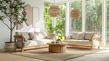Cozy living room with a large armchair, a soft rug, and a view of the garden through floor-to-ceiling windows, warm lighting and gentle shadows, clear light .