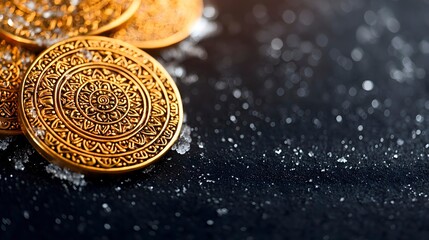 Obraz premium Decorative Gold Coins on Dark Surface