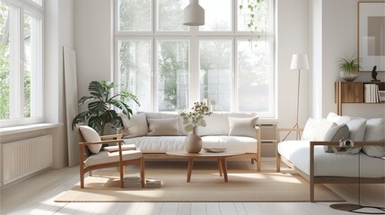 Cozy living room with a large armchair, a soft rug, and a view of the garden through floor-to-ceiling windows, warm lighting and gentle shadows, clear light .