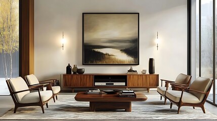 A sleek minimalist living room with a low walnut media console, neutral armchairs, and a geometric patterned rug, complemented by soft ambient lighting and clean, modern lines, hd quality,
